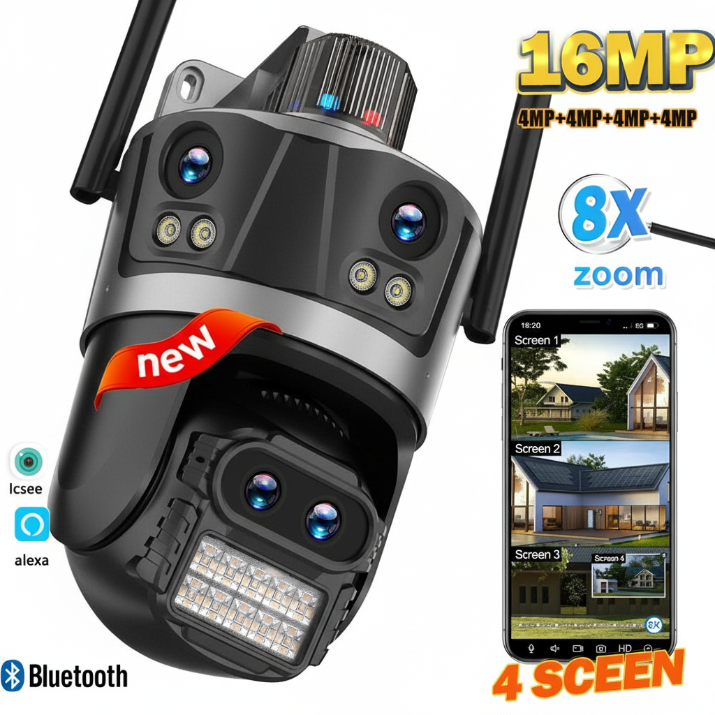 8K 16MP WiFi Camera Outdoor Four Lens Four Screen Security CCTV Camera 8X Zoom Bluetooth Auto Tracking Video Surveillance ICsee