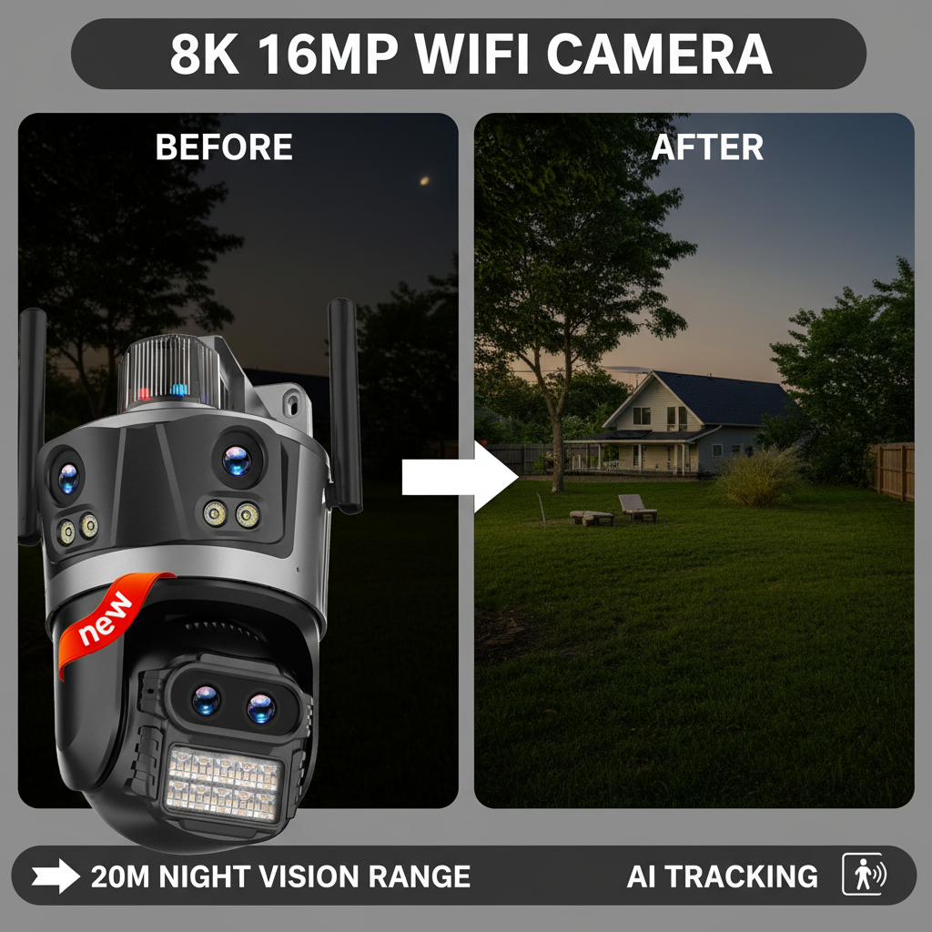 8K 16MP WiFi Camera Outdoor Four Lens Four Screen Security CCTV Camera 8X Zoom Bluetooth Auto Tracking Video Surveillance ICsee