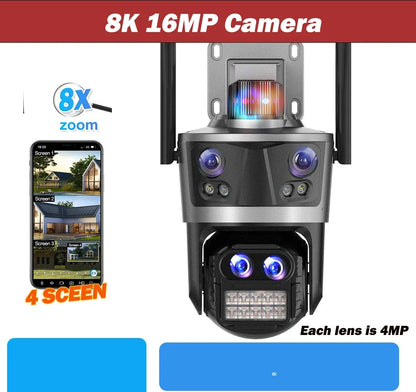 8K 16MP WiFi Camera Outdoor Four Lens Four Screen Security CCTV Camera 8X Zoom Bluetooth Auto Tracking Video Surveillance ICsee