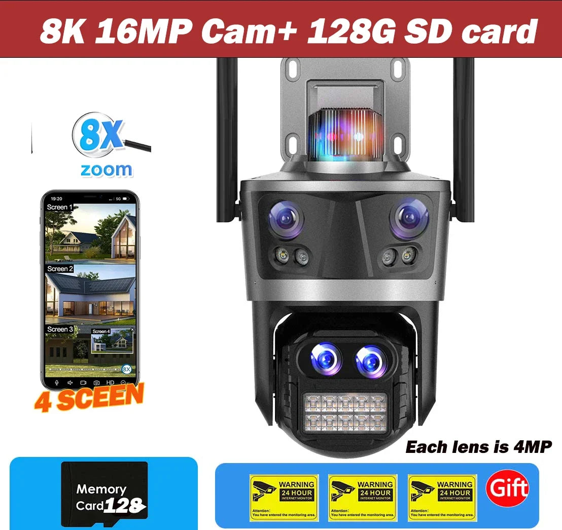 8K 16MP WiFi Camera Outdoor Four Lens Four Screen Security CCTV Camera 8X Zoom Bluetooth Auto Tracking Video Surveillance ICsee