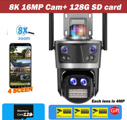 8K 16MP WiFi Camera Outdoor Four Lens Four Screen Security CCTV Camera 8X Zoom Bluetooth Auto Tracking Video Surveillance ICsee