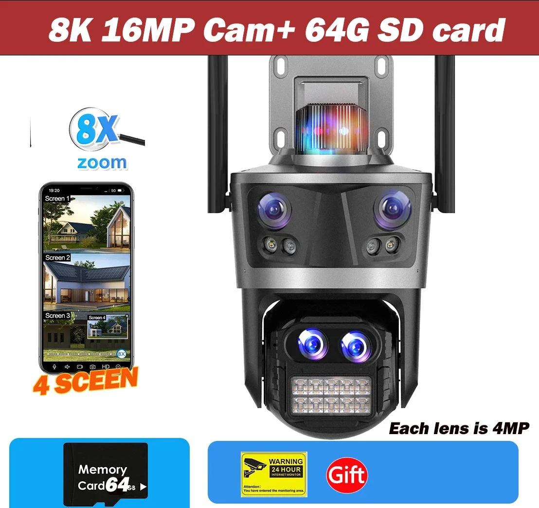 8K 16MP WiFi Camera Outdoor Four Lens Four Screen Security CCTV Camera 8X Zoom Bluetooth Auto Tracking Video Surveillance ICsee
