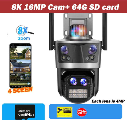 8K 16MP WiFi Camera Outdoor Four Lens Four Screen Security CCTV Camera 8X Zoom Bluetooth Auto Tracking Video Surveillance ICsee