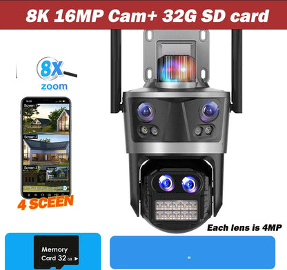 8K 16MP WiFi Camera Outdoor Four Lens Four Screen Security CCTV Camera 8X Zoom Bluetooth Auto Tracking Video Surveillance ICsee